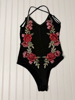 Embroidered Floral Black Bodysuit - Women's